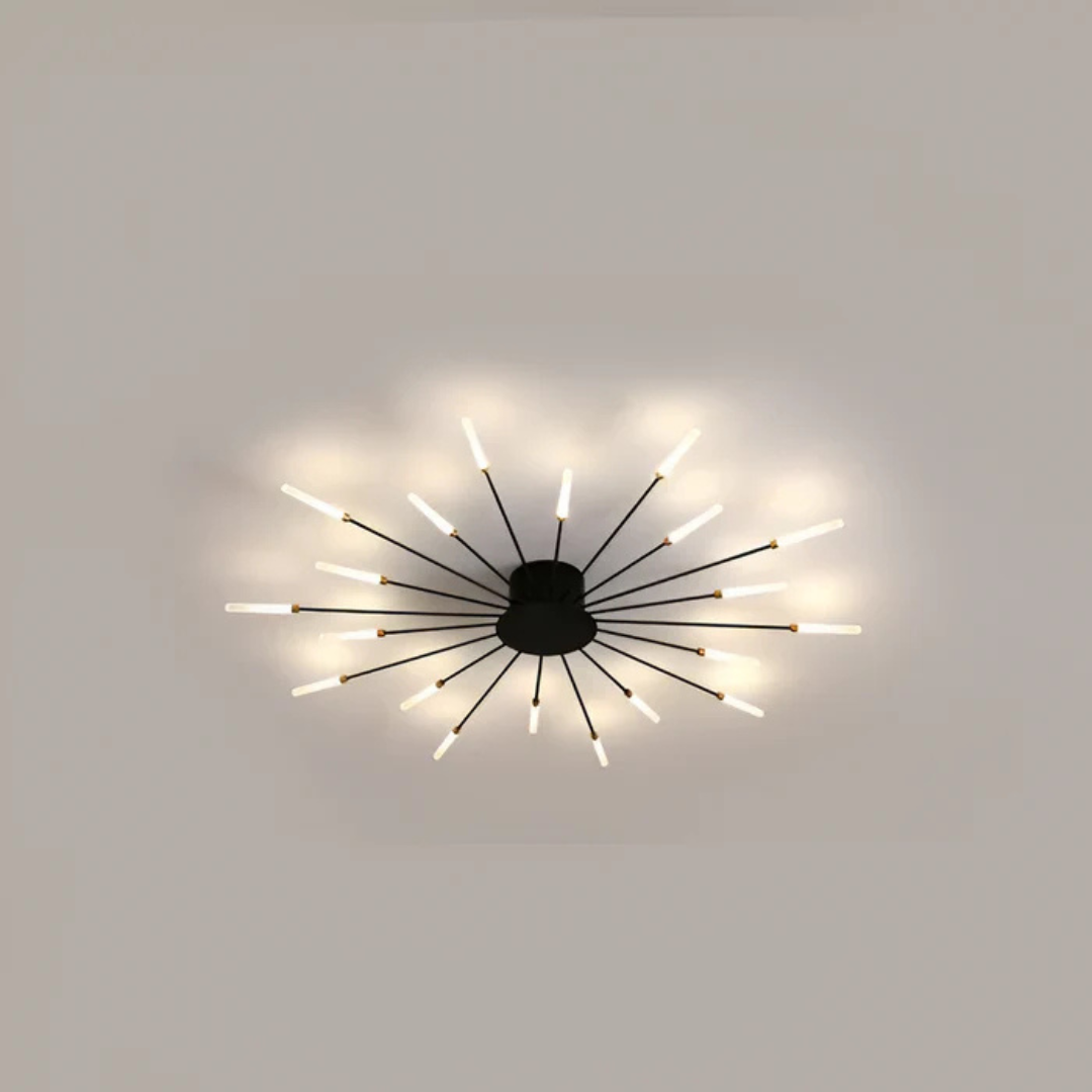 "Luxe LED plafondlamp, modern design met goud en zwart, stijlvolle woonkamerverlichting, energiezuinig met LED-licht."