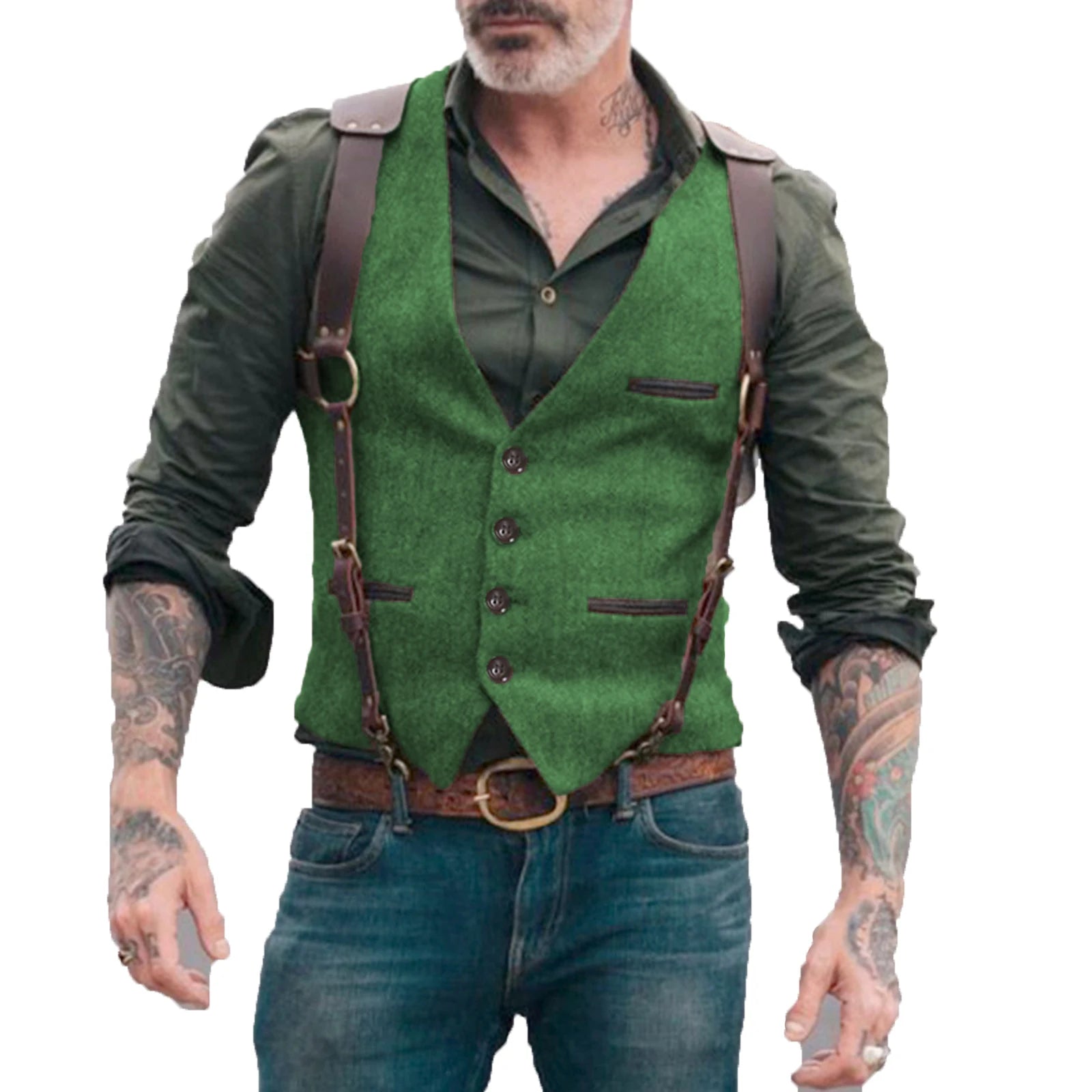 "Luxe legergroen herringbone gilet voor heren, ideaal voor formele gelegenheden, gemaakt van katoen, wol en kasjmier."