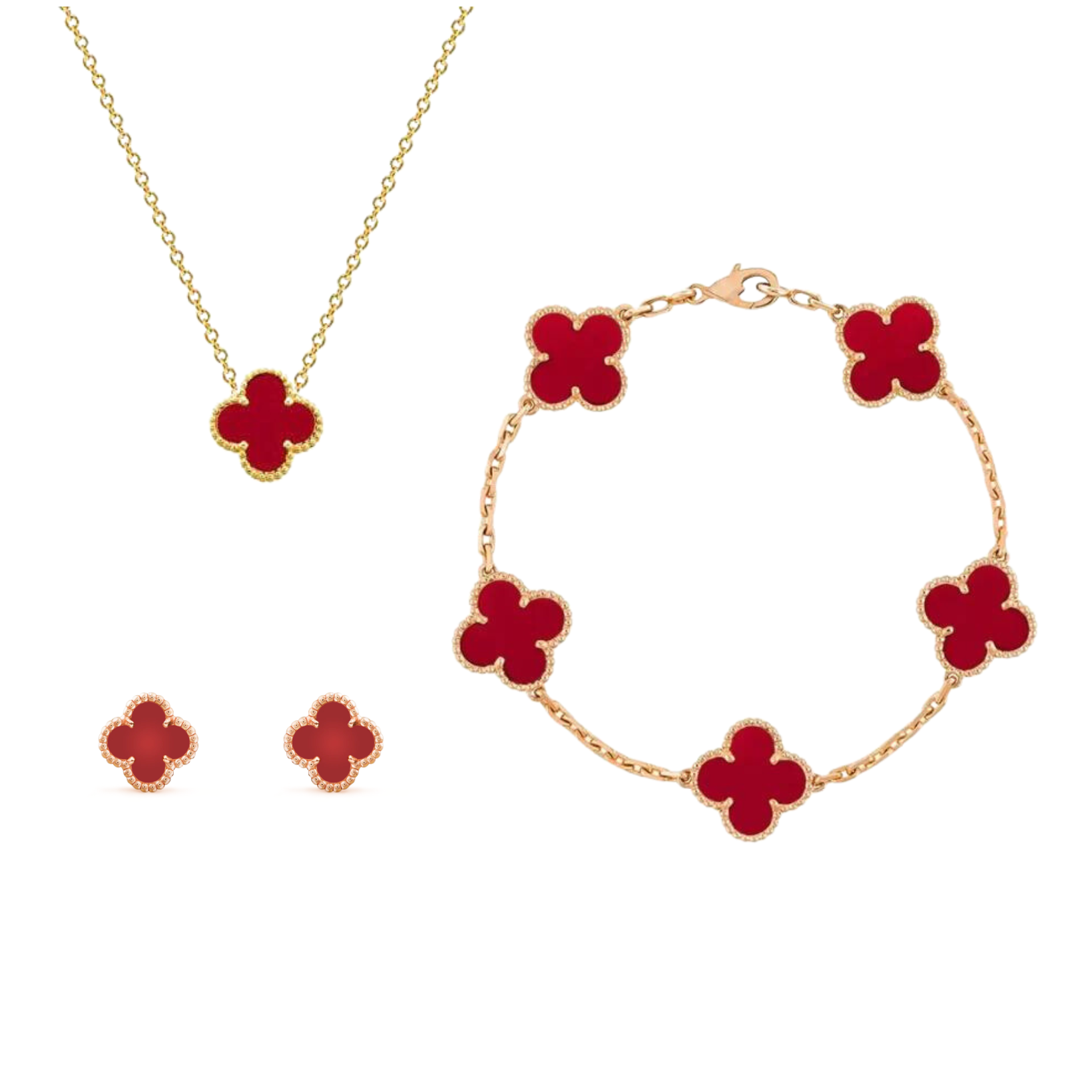 "Luxe sieradenset dames met klaverontwerp, parelmoer coating en gouden details, inclusief ketting, armband en oorbellen."