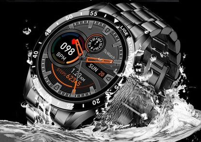 "Luxe SmartWatch 4G met zwart lederen band, AMOLED-scherm, stijlvol zilveren frame, ideaal voor connectiviteit en fitness."