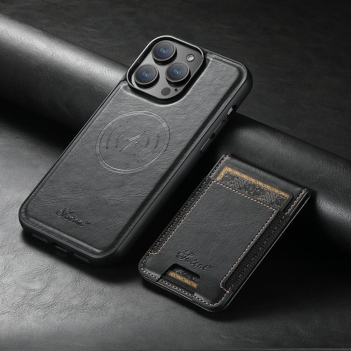 iPhone beschermhoes met geïntegreerde kaarthouder en magnetische standaard. Perfect voor handsfree gebruik.