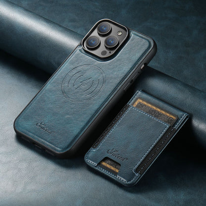 "Luxe telefoonhoes met kaarthouder en magnetische standaard, stijlvol ontwerp, duurzaamheid in zwart en blauw"