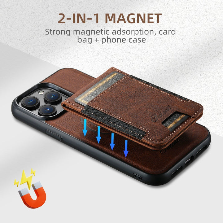 Luxe iPhone 15/16/17 hoesje met kaarthouder en magnetische standaard. Biedt optimale bescherming en functionaliteit.
