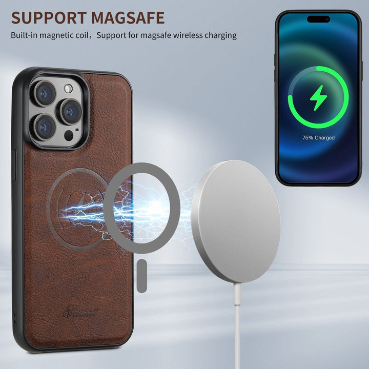 Elegant iPhone hoesje met kaarthouder en verstelbare magnetische standaard. Een must-have telefoonaccessoire.
