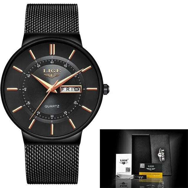 Elegant ultra-dun heren quartzhorloge met datumweergave, ideaal voor elke gelegenheid.