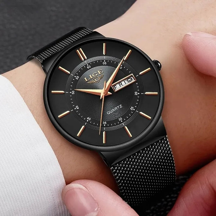 Modern minimalistisch herenhorloge, ultra-dun, waterdicht quartz met datum.