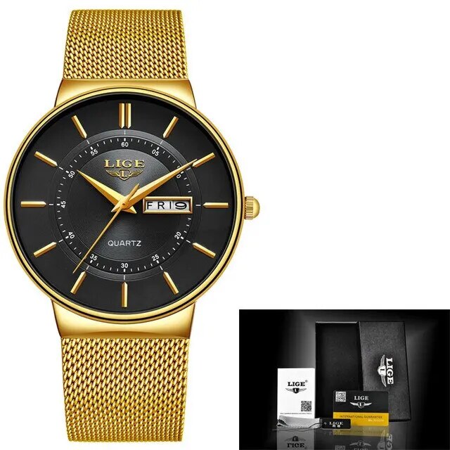 Stijlvol ultra-dun herenhorloge (goud-zwart), quartz uurwerk, met datumfunctie.