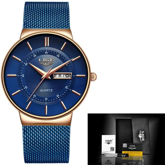 Chique heren quartzhorloge (roségoud-blauw) met datum, elegant en waterbestendig.