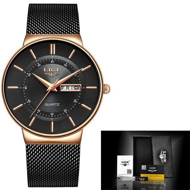 Ultra-dun quartz herenhorloge met duidelijke datumweergave, comfortabel en modieus.