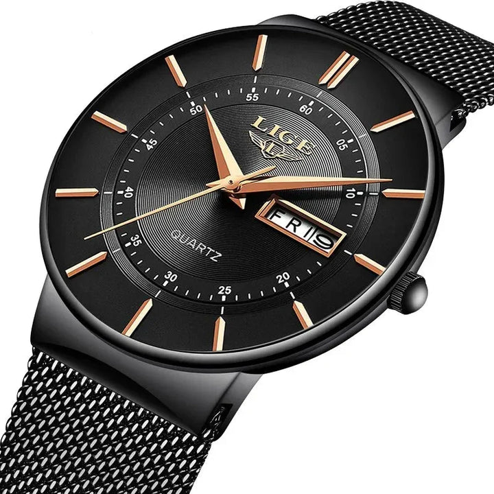 Tijdloos elegant herenhorloge, ultra-dun design, waterdicht en met precieze quartz beweging.