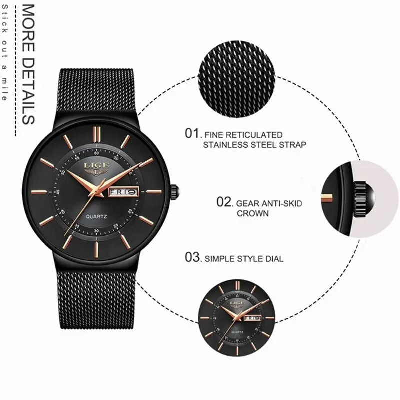 Luxe uitstraling: ultra-dun heren quartzhorloge met datum, waterdicht en elegant design.