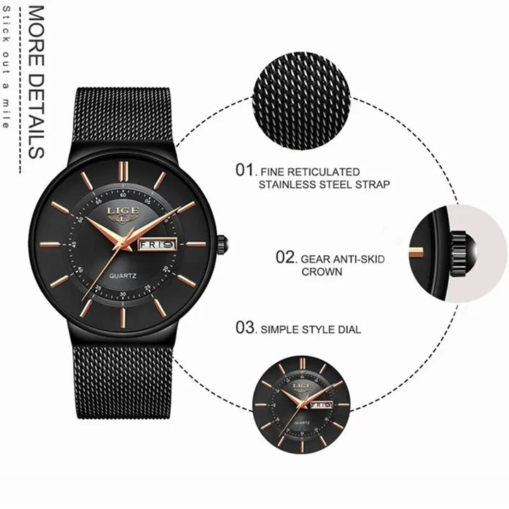 Luxe uitstraling: ultra-dun heren quartzhorloge met datum, waterdicht en elegant design.