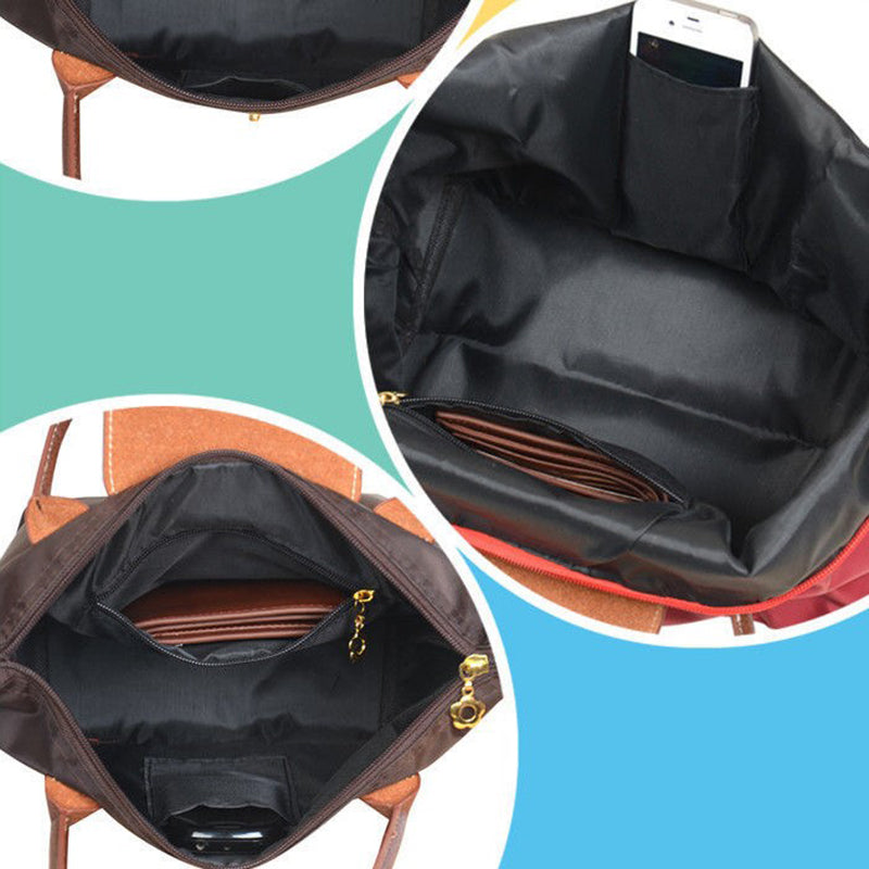 Luxe dames draagtas van waterafstotend nylon en leer. Stijlvolle en ruime handtas voor dagelijks gebruik.