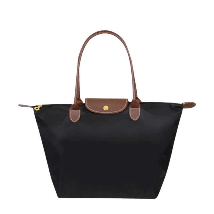 Chique zwarte schoudertas voor dames met leren details. Waterafstotend, perfect als ruime werktas.