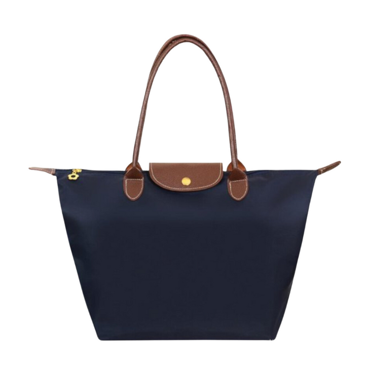 Luxe zwarte handtas voor dames met subtiele glans, gemaakt van waterafstotend nylon en echt leer.