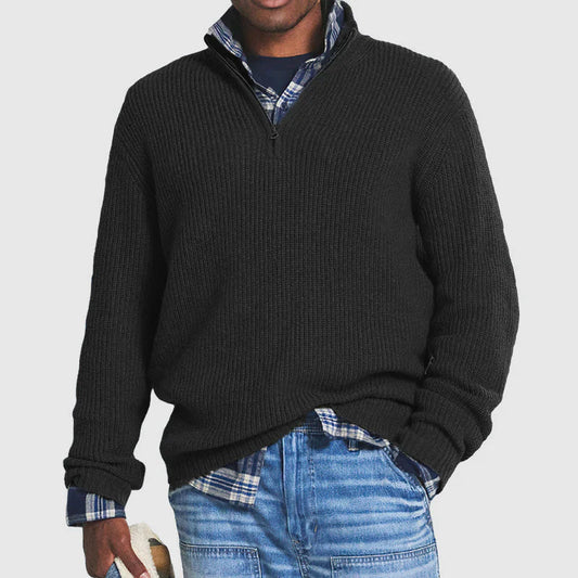 "LUXOR wollen trui met halve rits, stijlvolle herenmode in blauw, gemaakt van ademend wol voor comfort en warmte."