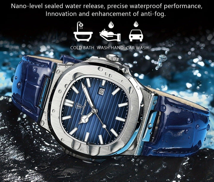 Robuust zilverkleurig herenhorloge met quartz uurwerk, waterbestendig en krasbestendig. Elegant design.