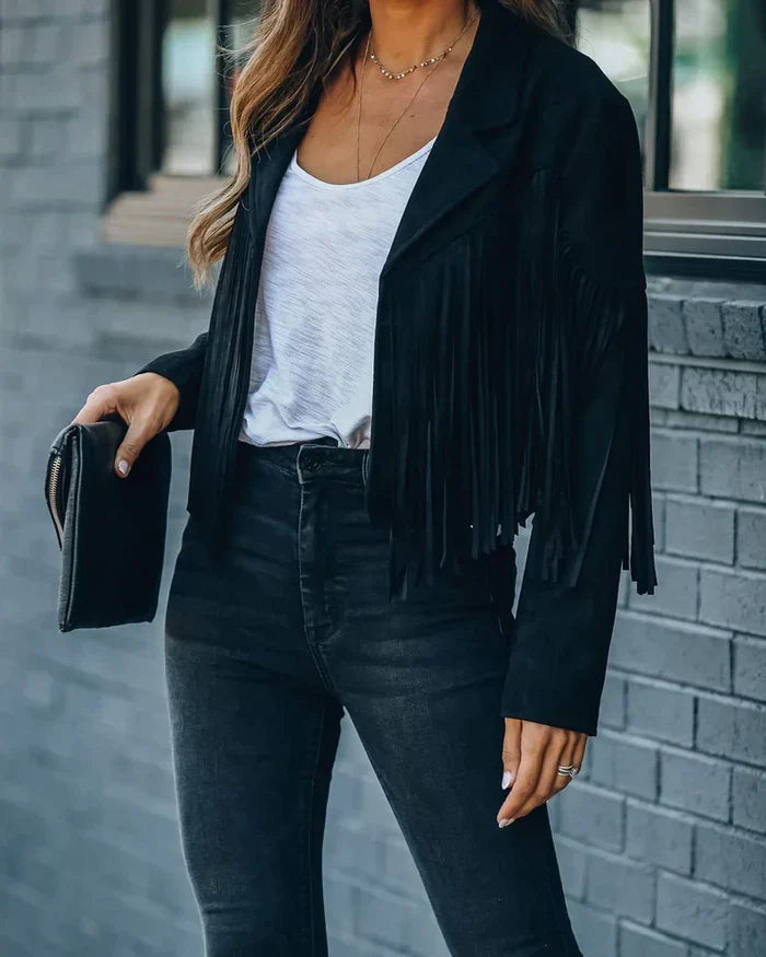 Statement jasje met franjes voor dames, verkrijgbaar in elegant zwart.