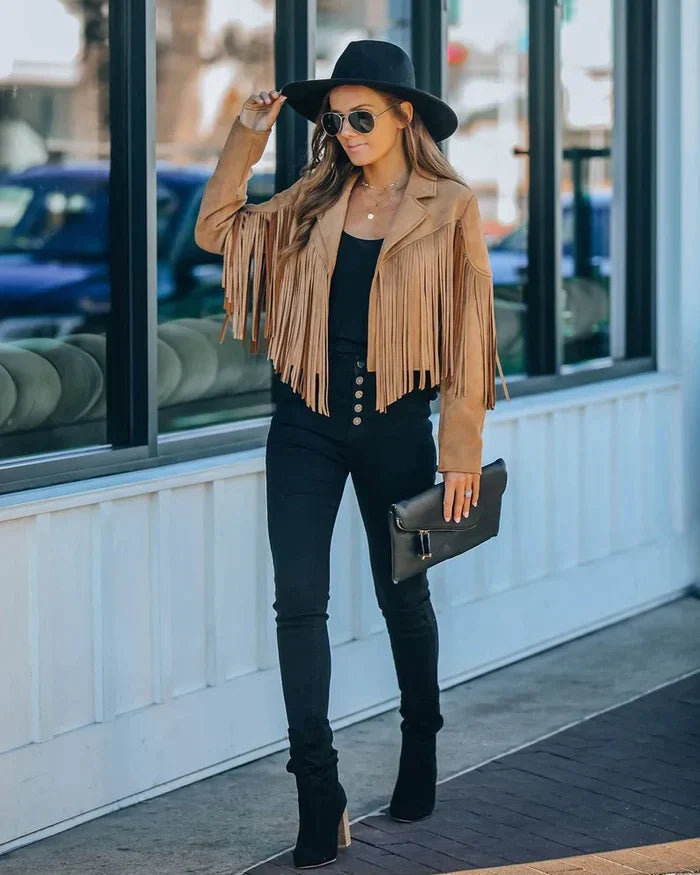 Casual dames franjejasje in khaki, comfortabel en stijlvol voor elke dag.