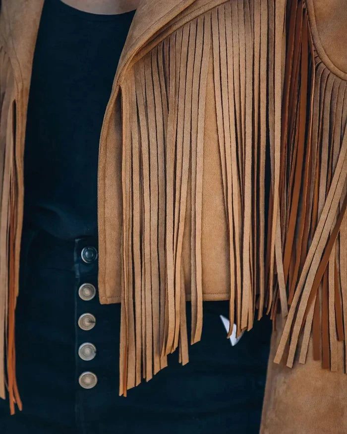 Elegante dames franjejas met unieke details, in stijlvol zwart.