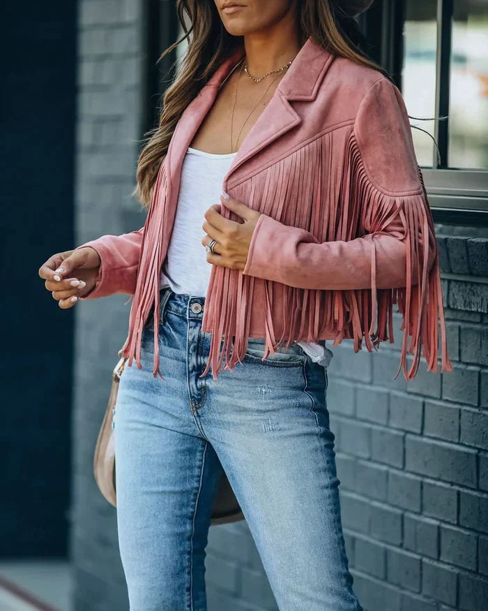 Modieus khaki dames franjejasje, perfect om je outfit op te fleuren.