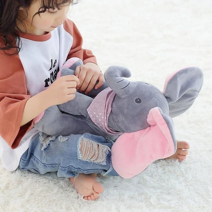 Interactieve olifant knuffel met kiekeboe functie voor baby's, educatief speelgoed voor taalontwikkeling.