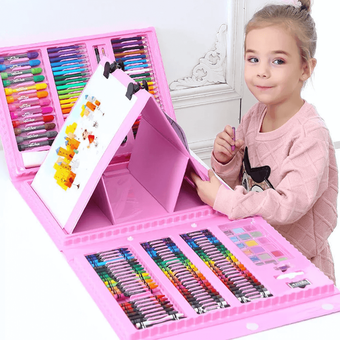 208-delige magische tekenset voor kinderen. Stimuleert creativiteit met potloden, stiften en verf.