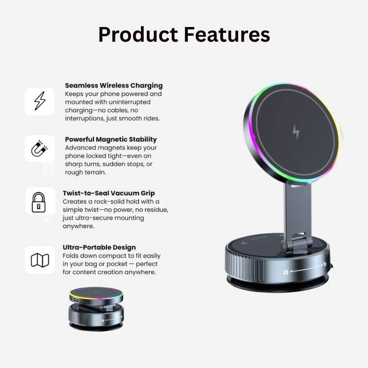 Universele draadloze autolader met MagLock 360, veilige magnetische telefoonhouder voor stabiele navigatie en 15W opladen.