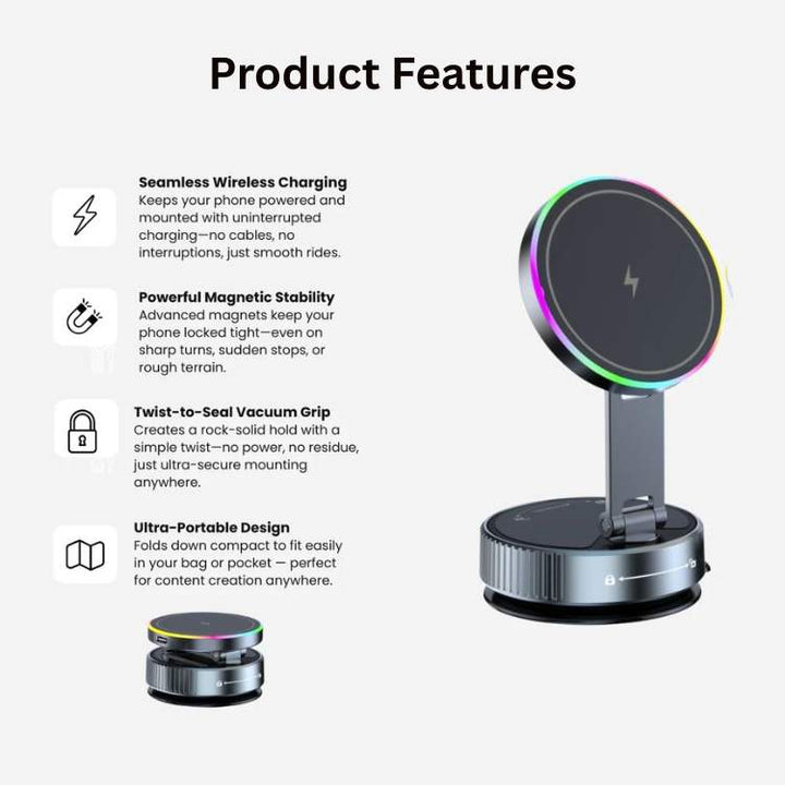 Universele draadloze autolader met MagLock 360, veilige magnetische telefoonhouder voor stabiele navigatie en 15W opladen.