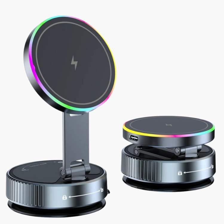 Draadloze autolader met MagLock 360 magnetische telefoonhouder, 15W snelladen voor universele smartphones.