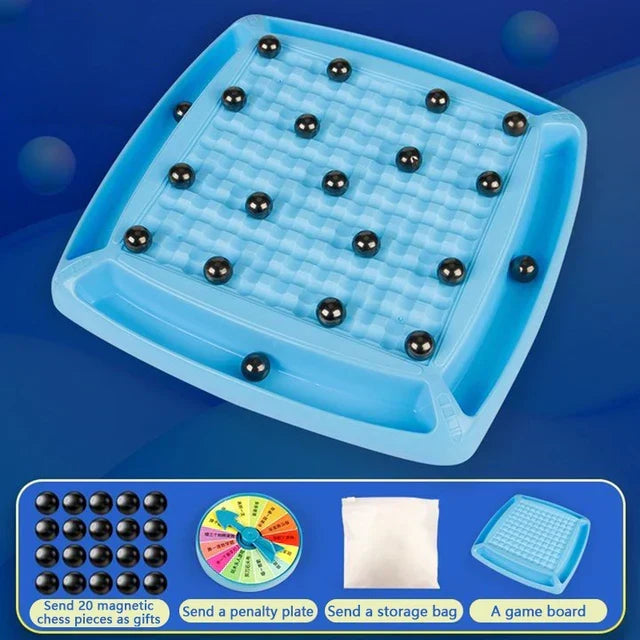 Draagbaar magnetisch schaakspel met stevige stukken en opvouwbaar bord. Voor reislustige schakers, educatief.