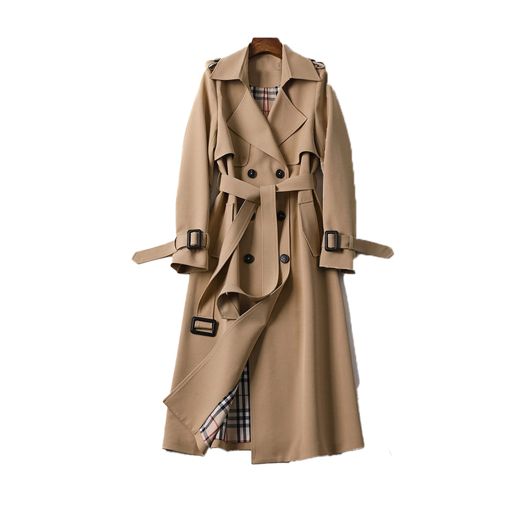 Elegante beige dames trenchcoat met lange snit, klassieke stijl voor lente en herfst bovenkleding.
