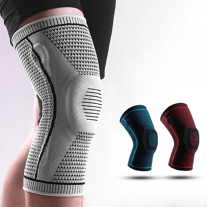 Unisex verstelbare kniebrace met siliconen gel voor optimale knieondersteuning tijdens sport en fitness.