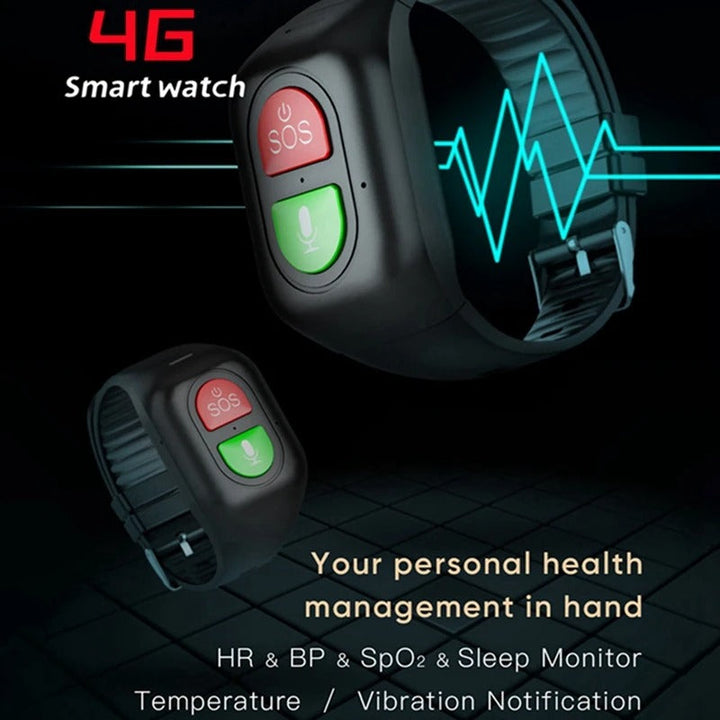 Waterbestendige senioren smartwatch met 4G en GPS, perfect voor dagelijks gebruik en actieve ouderen. Zwart model.