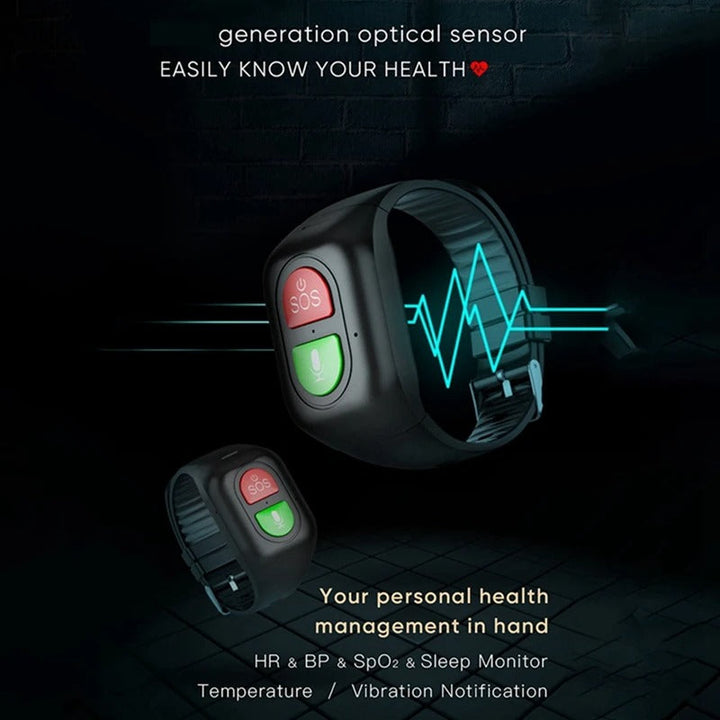 Close-up van senioren smartwatch met SOS noodalarm knop, cruciaal voor ouderen veiligheid. Waterbestendig.