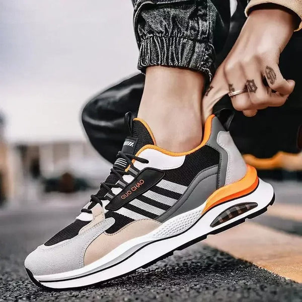 Trendy heren retro sneakers, beige/oranje/groen, ultiem comfort voor casual en dagelijkse activiteiten.