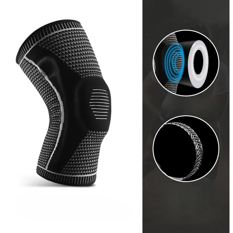 Comfortabele knieondersteuning met ademend materiaal en siliconen voor stabiliteit bij hardlopen.