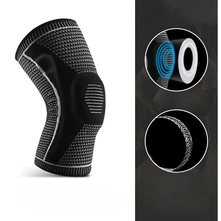 Comfortabele knieondersteuning met ademend materiaal en siliconen voor stabiliteit bij hardlopen.