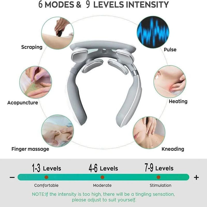 Professionele nekmassager die nek, schouders en bovenrug verwent met therapeutische warmte en vibratie.