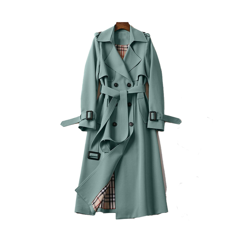Klassieke beige damesjas, een lange trenchcoat van hoogwaardige stof, perfect voor elke gelegenheid.