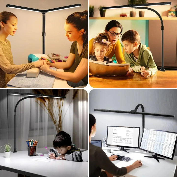 Zwarte dubbele LED bureaulamp met USB voeding, flexibele koppen en dimbaar wit/warm licht. Voor elke moderne werkplek.