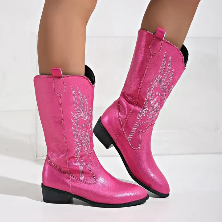 Dames cowboylaarzen van PU-leer met zachte voering; comfortabele, trendy westernlaarzen voor vrouwen.