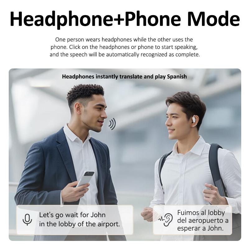 Persoon draagt universele SmartSpeak AI vertaler oordopjes voor moeiteloze communicatie wereldwijd. Bluetooth.