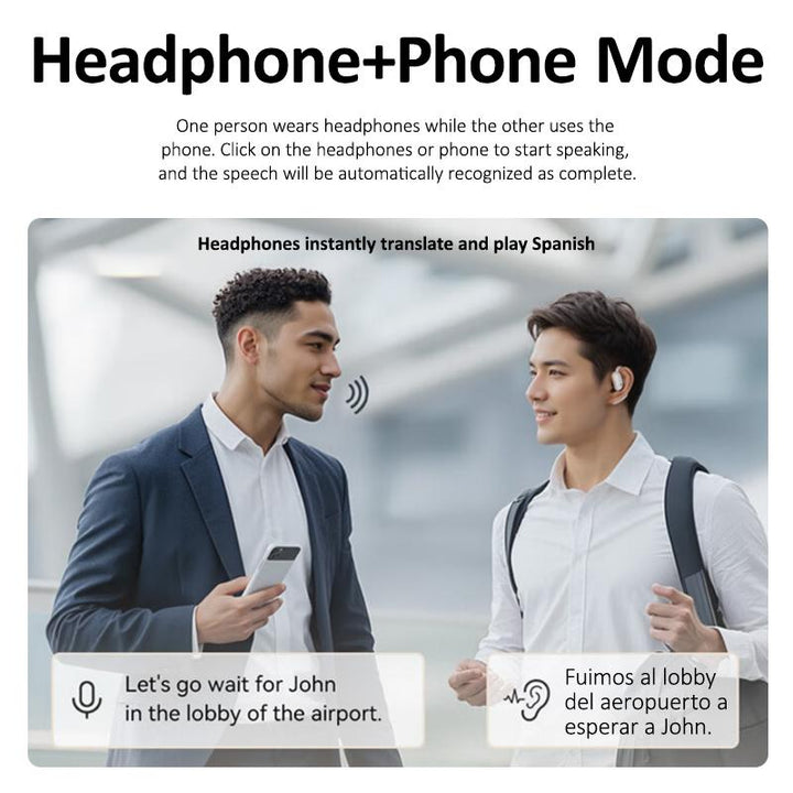 Persoon draagt universele SmartSpeak AI vertaler oordopjes voor moeiteloze communicatie wereldwijd. Bluetooth.