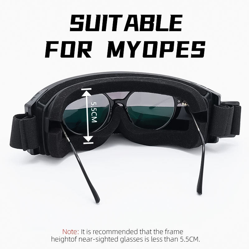 Zwarte motorbril voor optimaal comfort, met anti-condens en verwisselbare lenzen voor veiligheid.