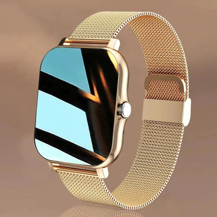 Stijlvolle dames smartwatch met roze band, toont tijd en hartslag. Elegant mode accessoire en slim horloge.