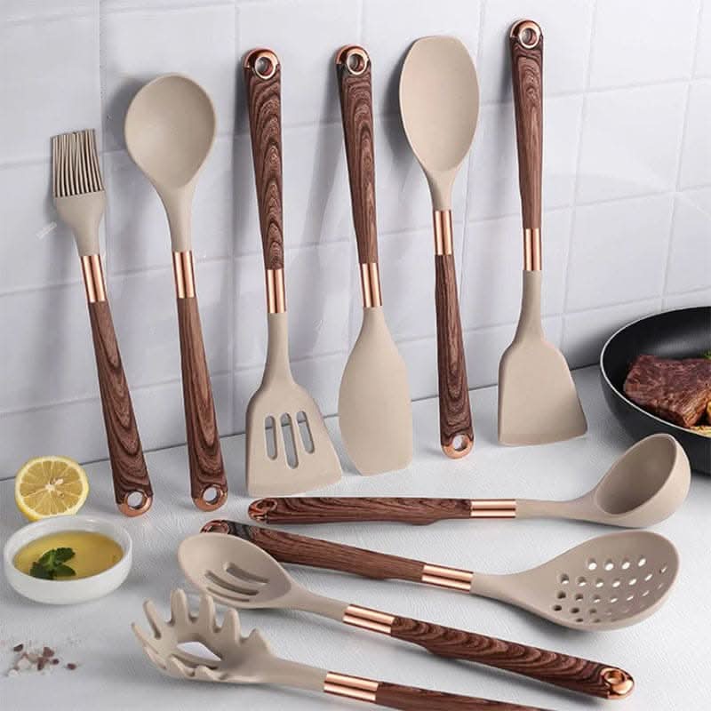 Complete 10-delige premium siliconen keukengerei set. Hittebestendig, duurzaam en essentieel voor koken & bakken.