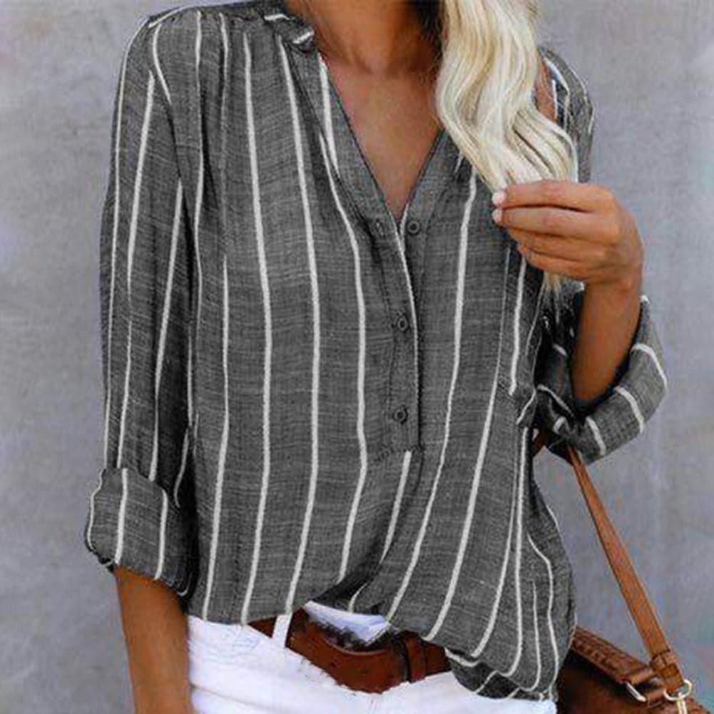 Comfortabele dames streepjesblouse met V-hals, lange mouwen; een veelzijdige en modieuze keuze.