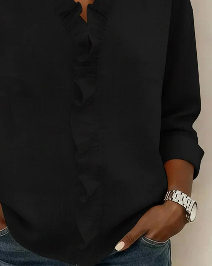 Dames blouse met stijlvolle ruche V-hals en lange mouwen. Elegante top, ideaal voor lente.