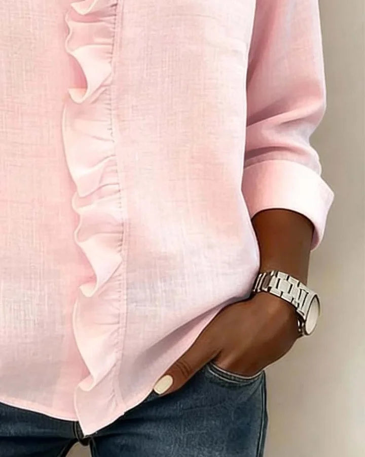 Stijlvolle dames blouse met ruche V-hals en lange mouwen. Perfecte lente/voorjaar modieuze top.
